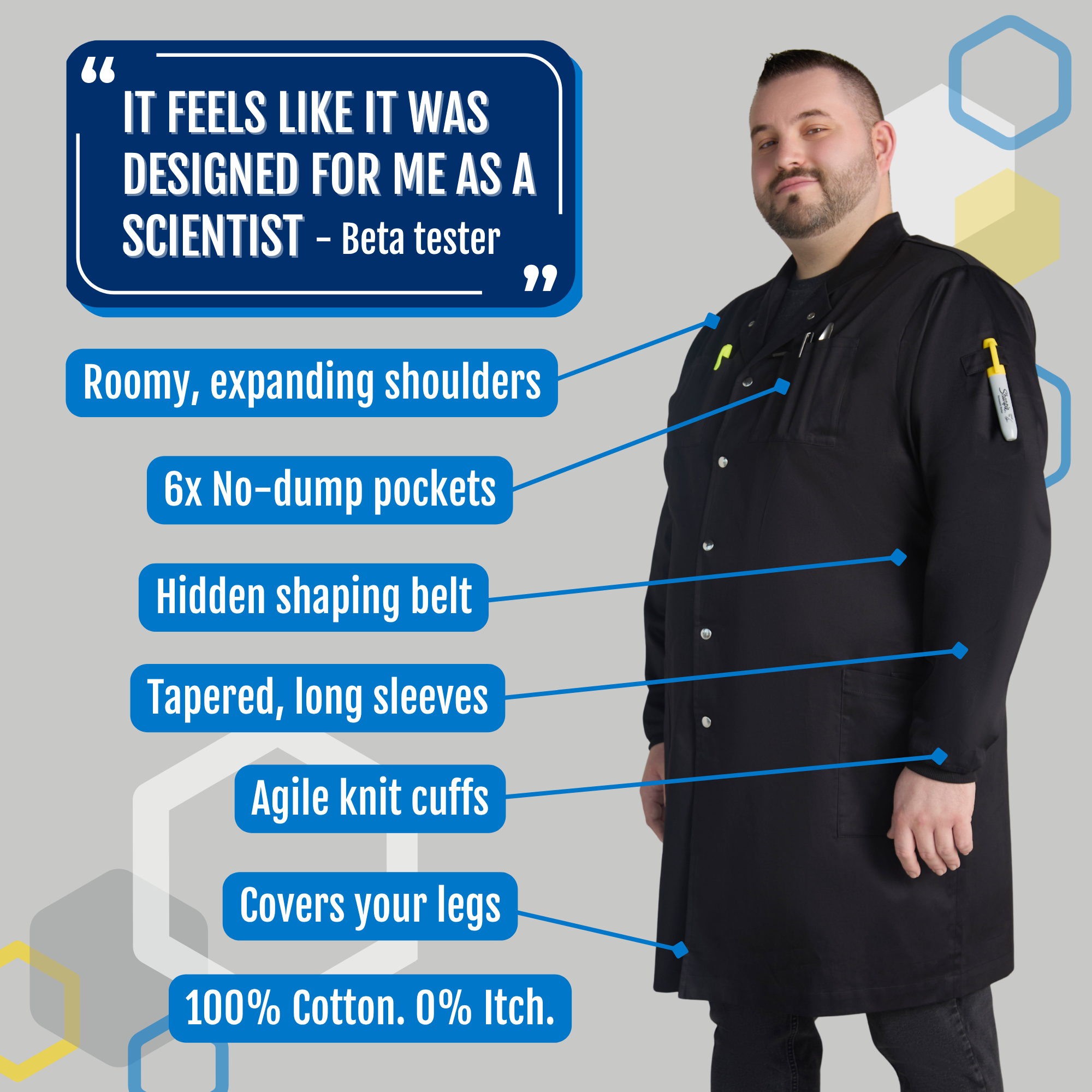 Big and tall male scientist wearing The Louis men's black cotton lab coat with feature callouts: roomy expanding shoulders, 6 no-dump pockets, hidden shaping belt, tapered long sleeves, agile knit cuffs, covers your legs, 100% cotton with zero itch. Beta tester quote: it feels like it was designed for me as a scientist.
