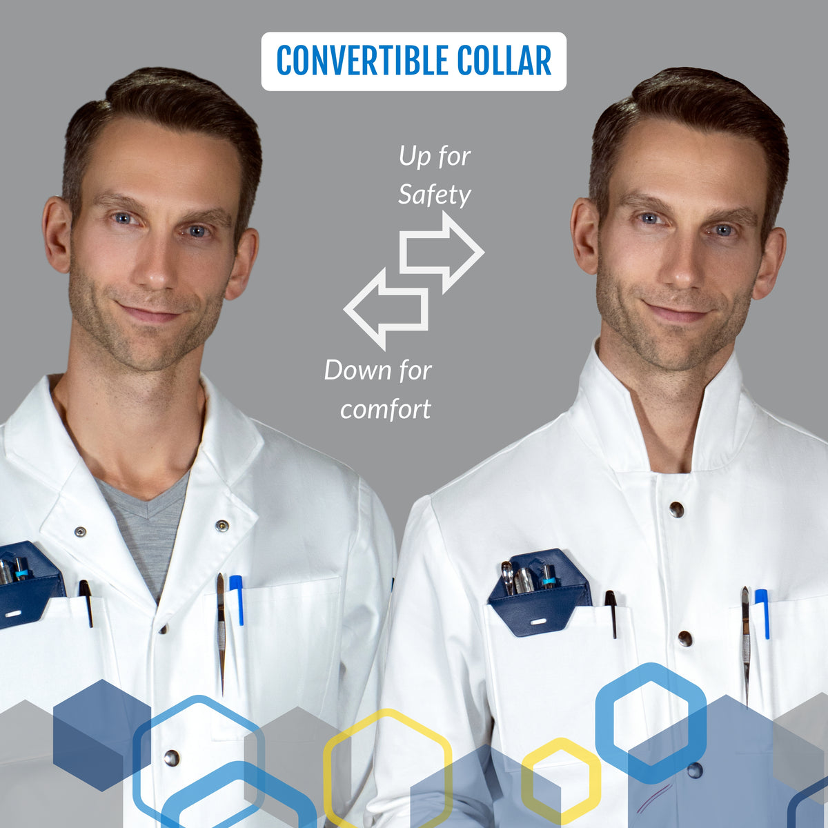 Louis lab coat's convertible Howie-style high collar for extra chemical splash safety and comfort