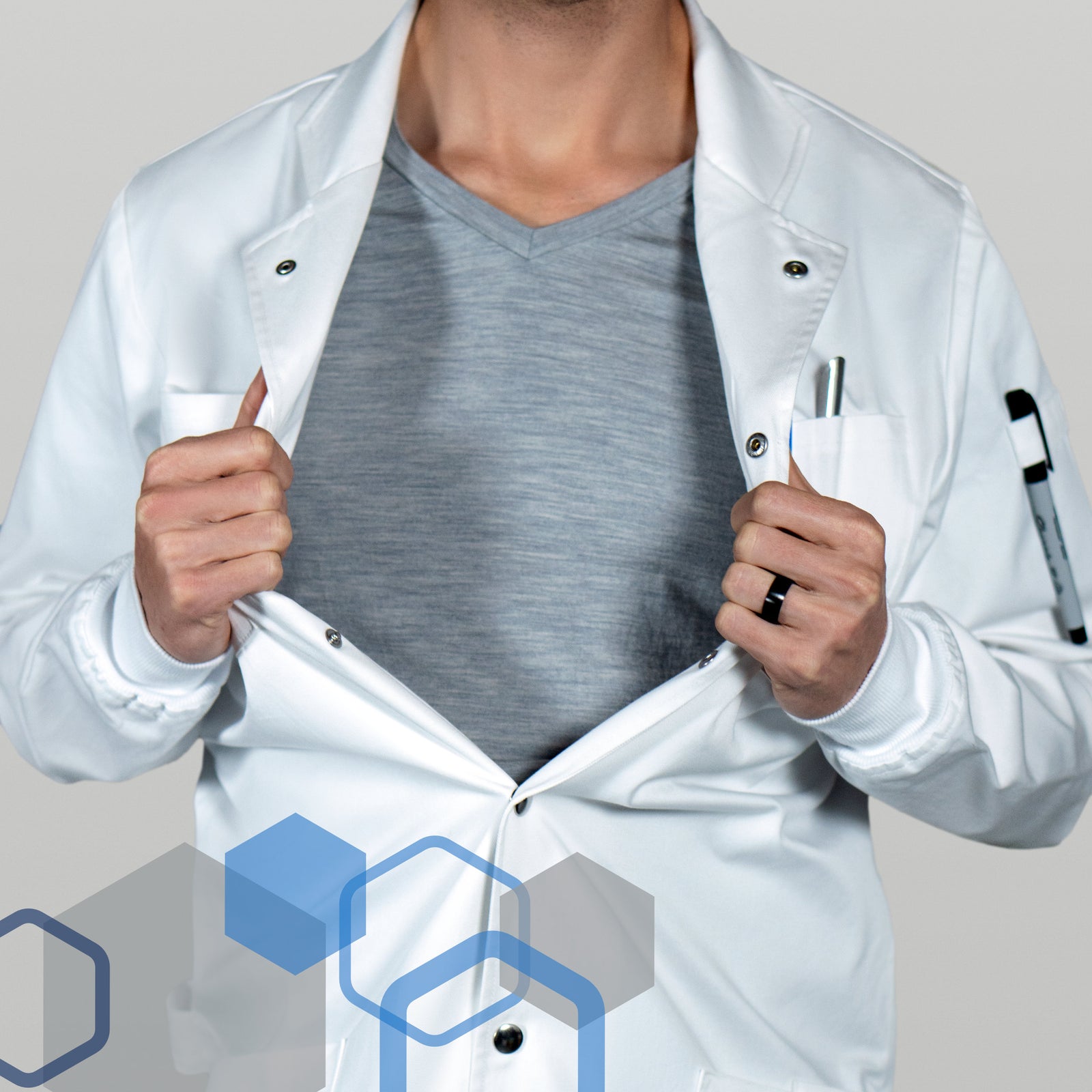 chemistry lab coat with stainless steel metal snaps that can rip open