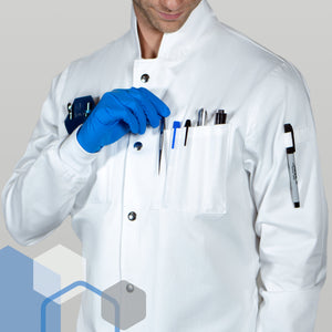 men's chemistry lab coat pocket protector tool and pen slots