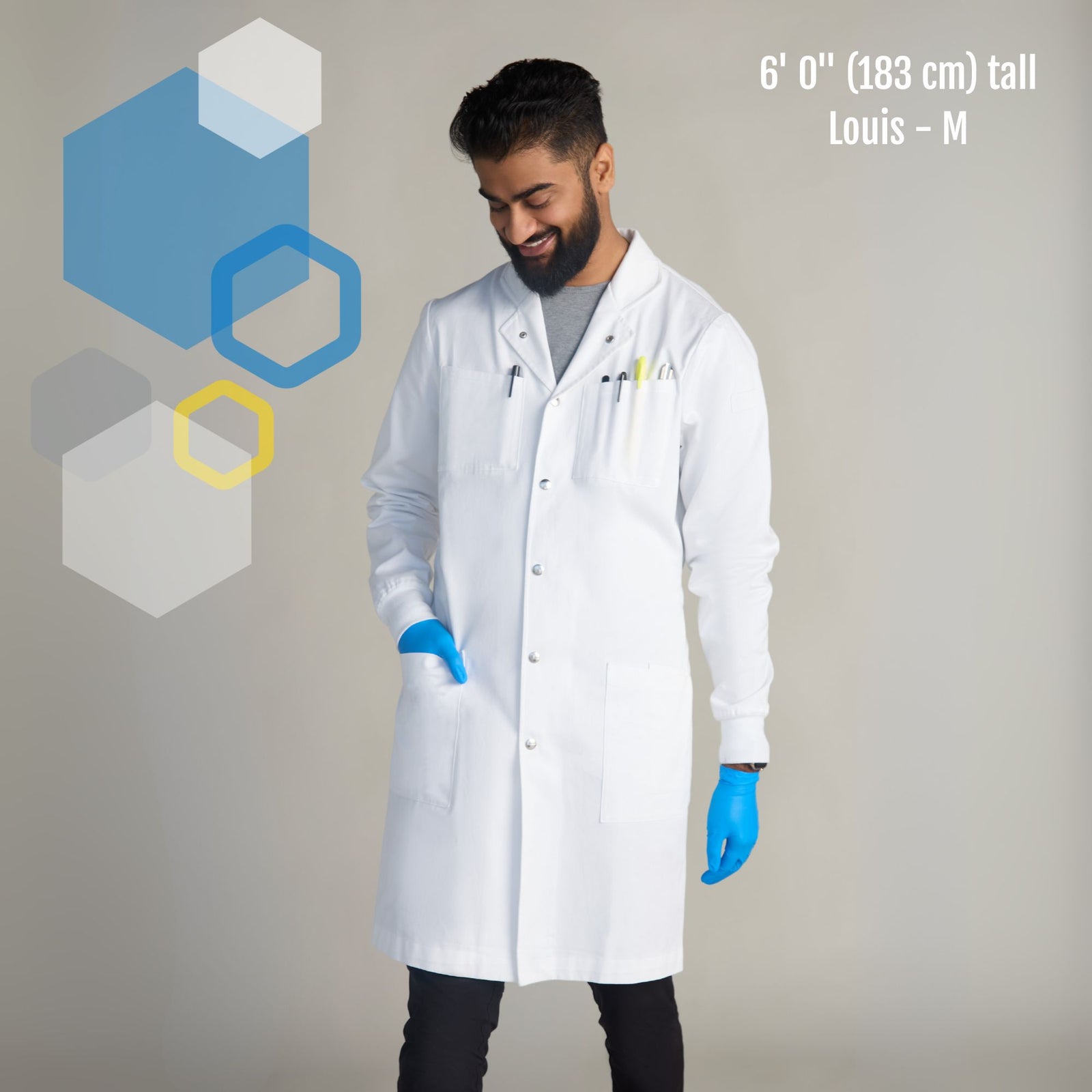 Men's scientific white cotton lab full length long lab coat for tall males, showing a smiling 6 foot tall slim man