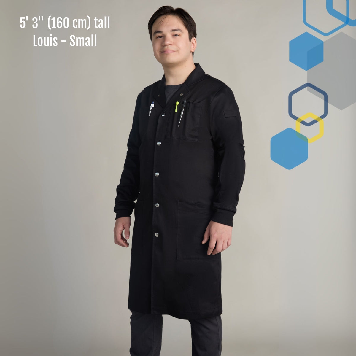male phd student scientist wearing a men's small louis style black lab coat with fitted knit cuffs and metal snaps for fabrication work