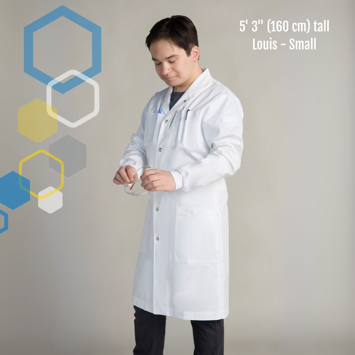 men's chemistry class cotton lab coat small short size for shorter guys, still knee length