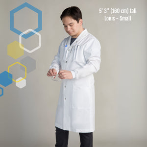 men's chemistry class cotton lab coat small short size for shorter guys, still knee length