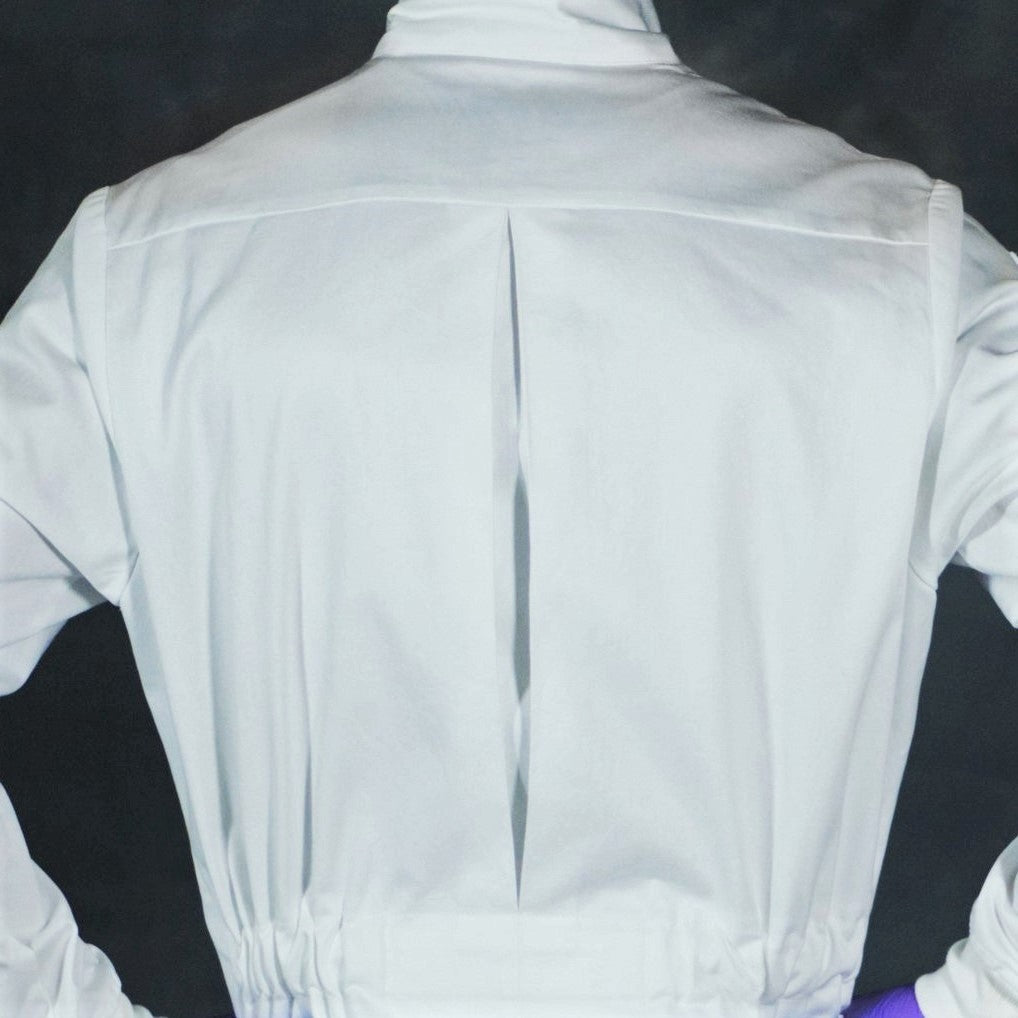 man's shoulders in lab coat with back pleat and tapered waist
