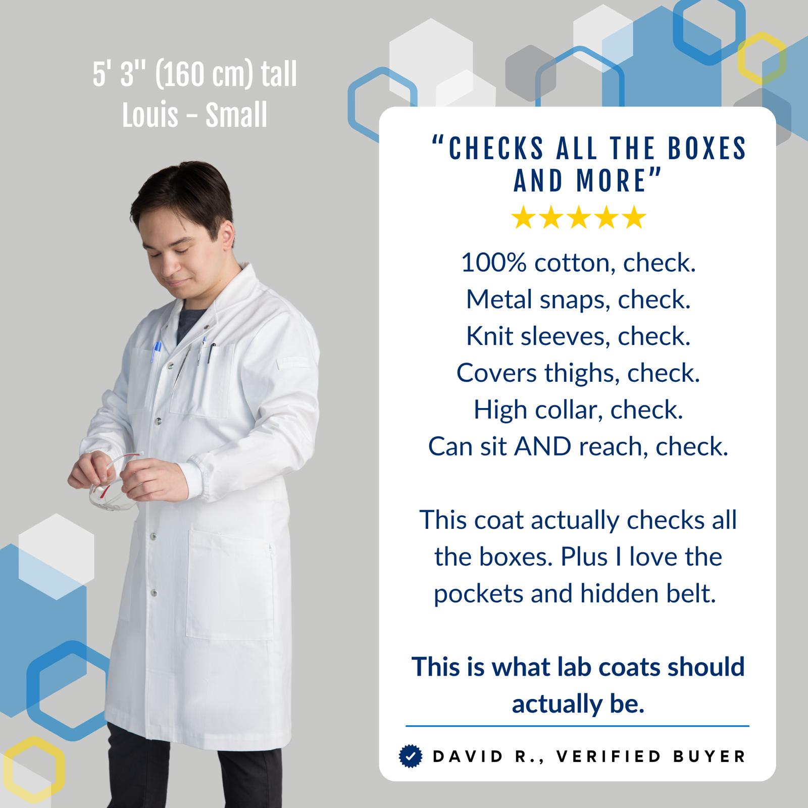 Short male scientist (5'3) wearing The Louis white cotton lab coat in small for chemistry research