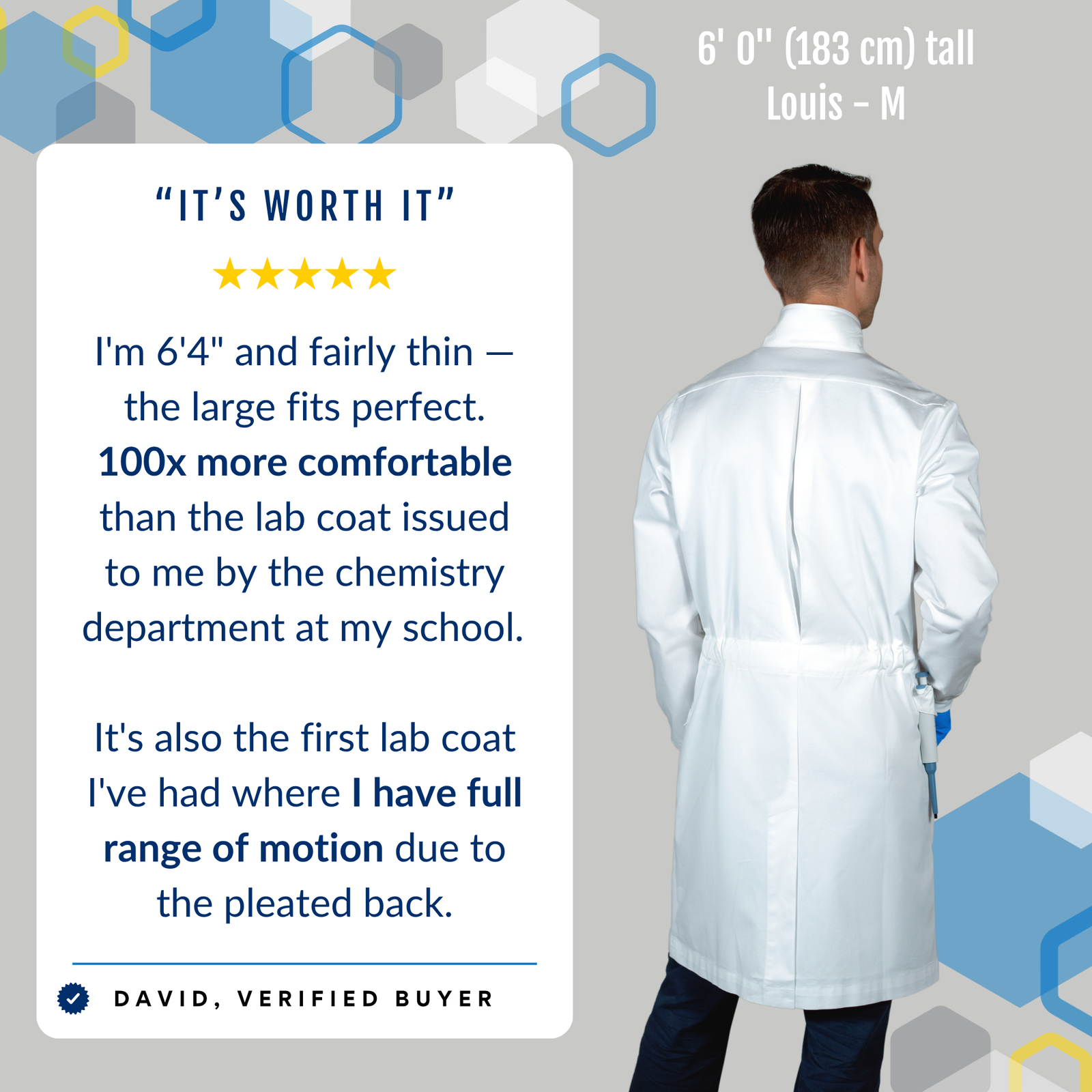"Louis" men's lab coat cuff for chemistry with features of 100% cotton,  cuffed sleeves, high collar, water resistant
