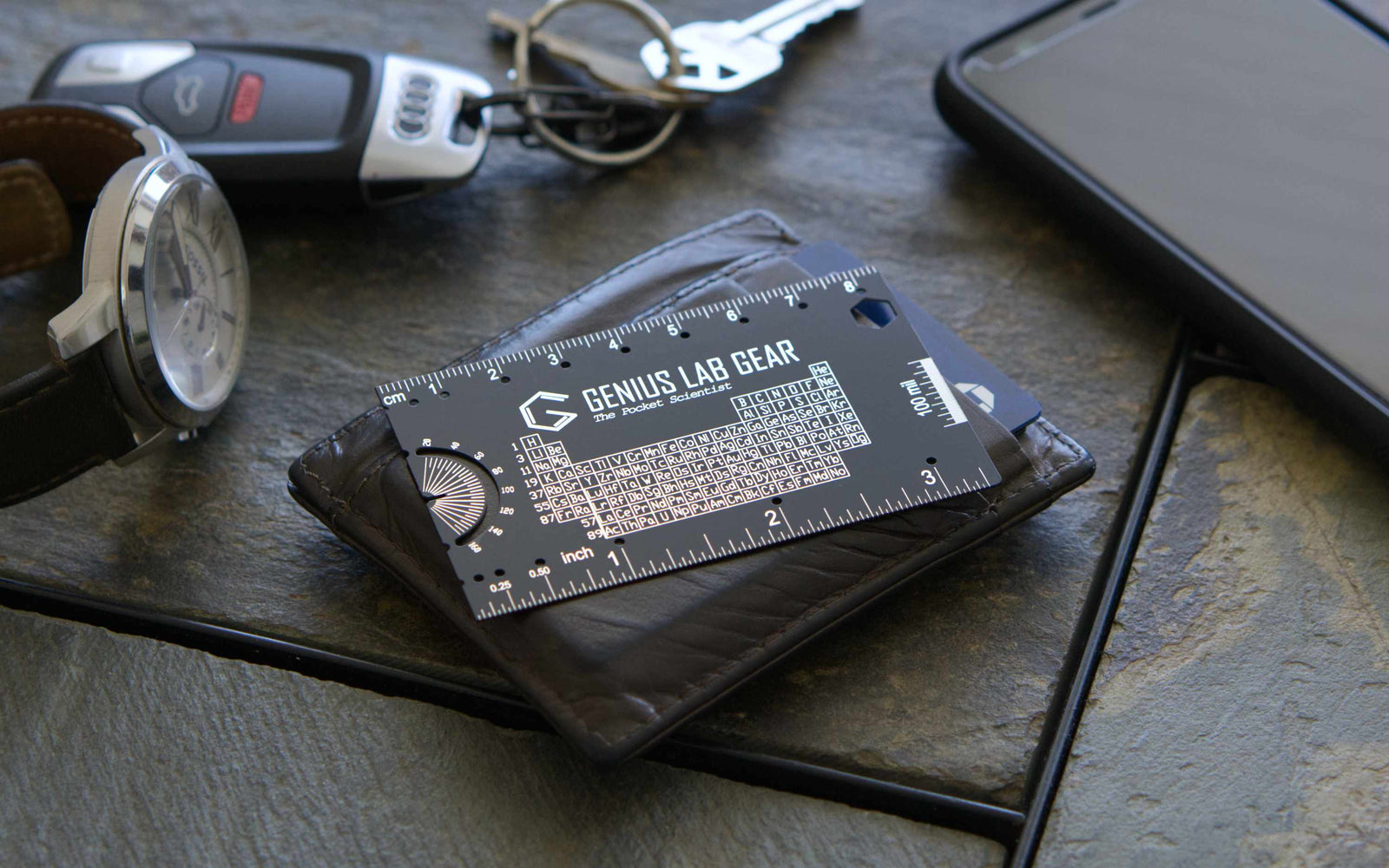 Pocket Scientist wallet ruler detail view showing laser engraved science reference data, gift for scientists