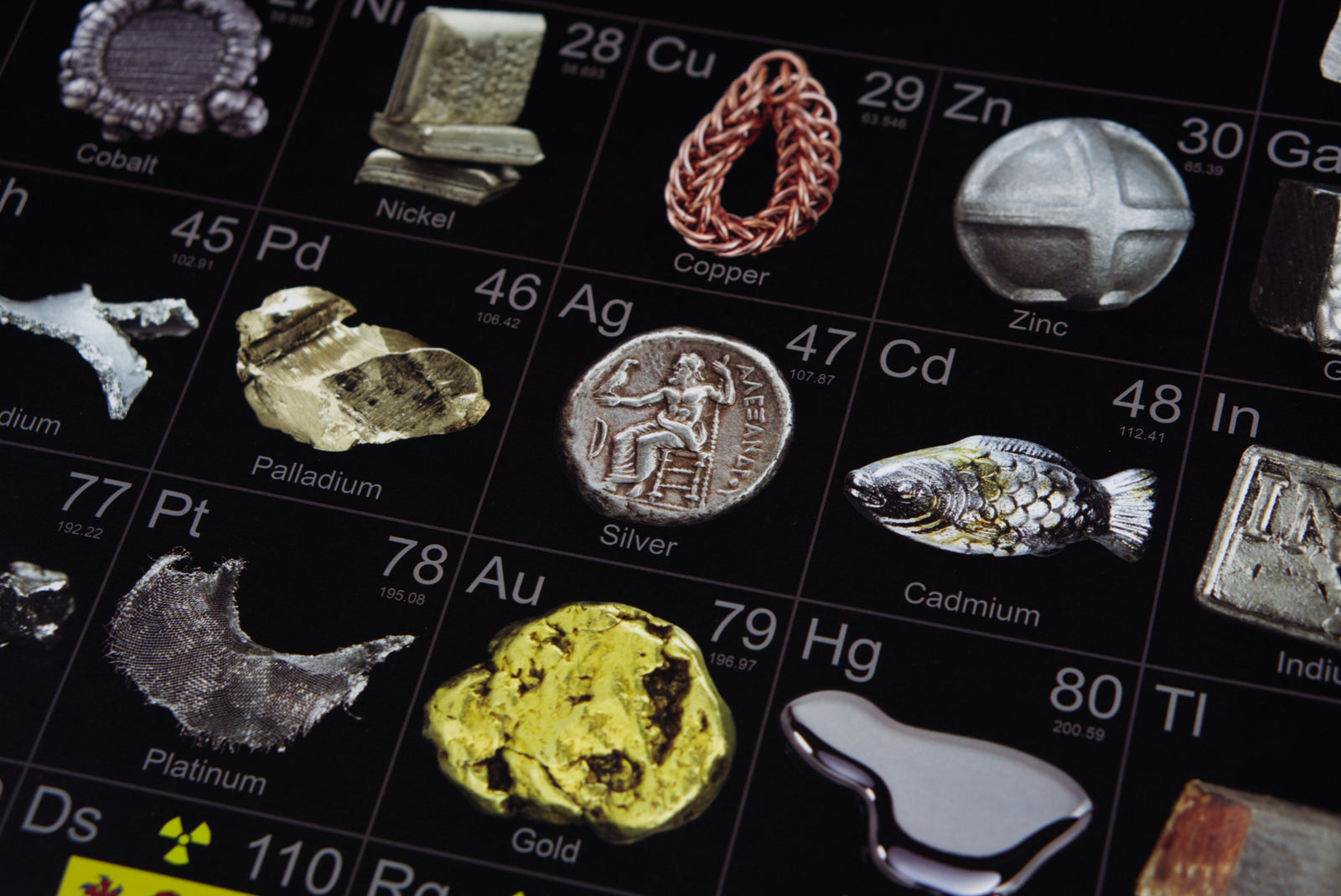 metals group of the periodic table in real photos of elemental samples like silver, gold, mercury and palladium