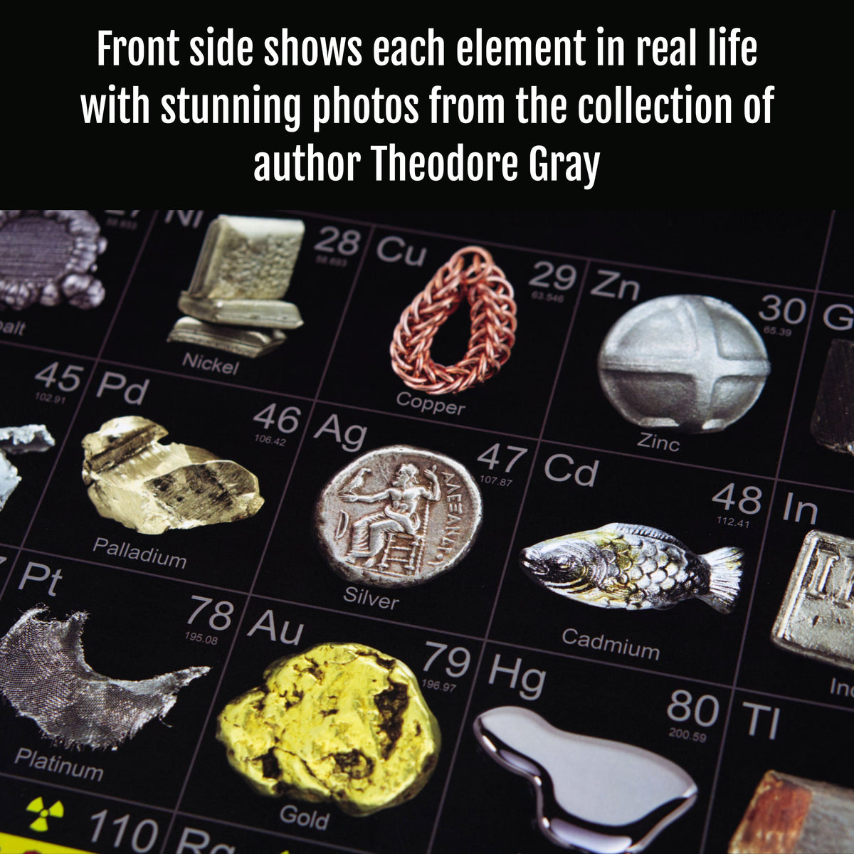 front side of laminated periodic table wall chart shows each element in real life with stunning photos from the private collection of author and popular science writer Theo Gray
