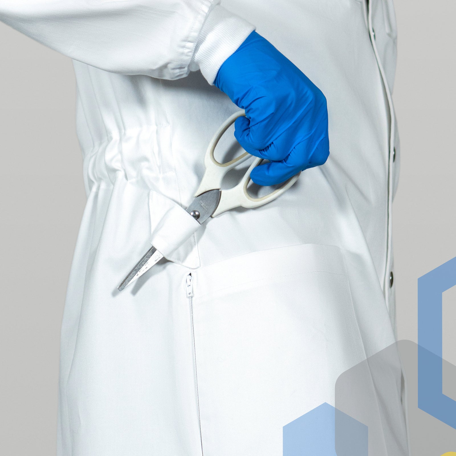 Men's lab coat with utility hip loop for holding scissors, caribiner, tools, badge ID or pipette