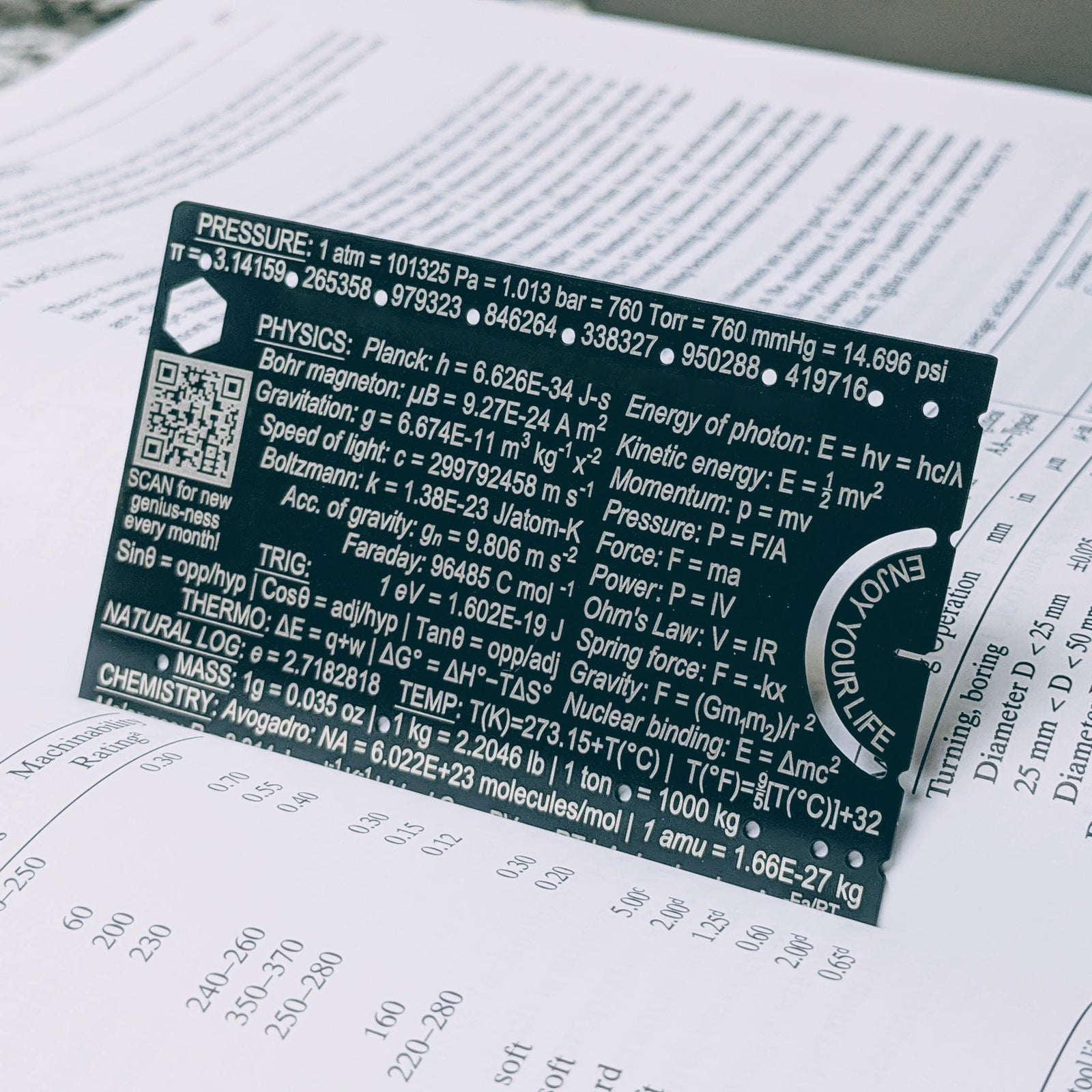 Laser engraved science reference card with planck's constant and pressure temperature conversions, gift for scientists