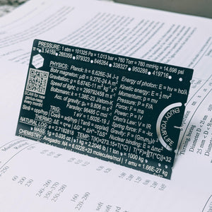 Laser engraved science reference card with planck's constant and pressure temperature conversions