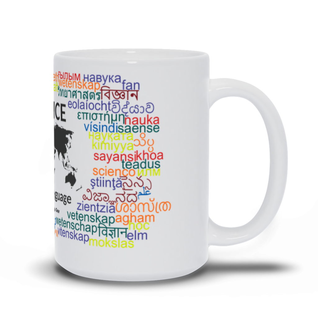 Science In Every Language mug with multilingual chemistry and physics vocabulary on white ceramic, gift for scientists