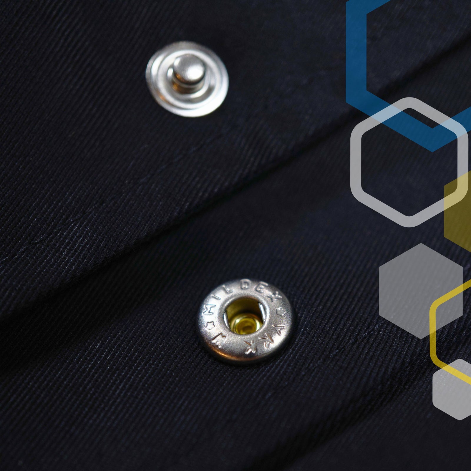 sturdy metal steel snaps or poppers for the front closure of a lab coat to be removed quickly in case of fire or chemical splash