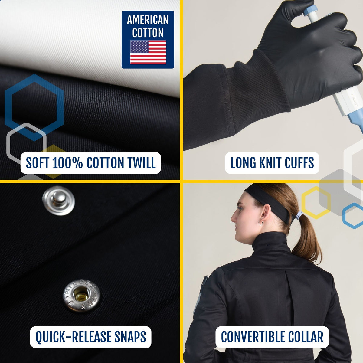 soft 100% cotton twill black fabric long knit cuffs quick-release snaps and a howie style convertible collar and it includes an American cotton label material