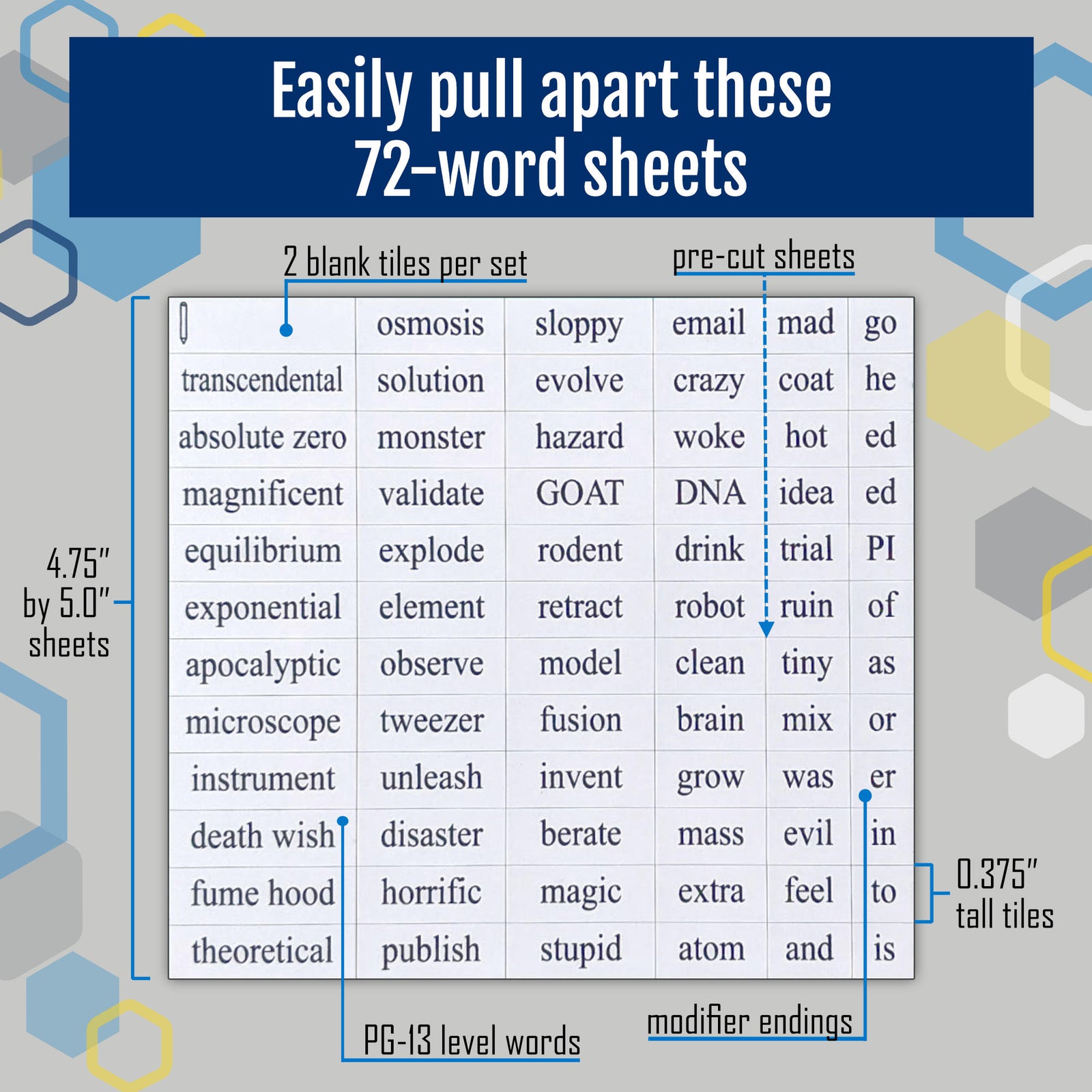 STEM word magnet sheet showing magnetic tiles for classroom whiteboard and lab refrigerator, gift for scientists