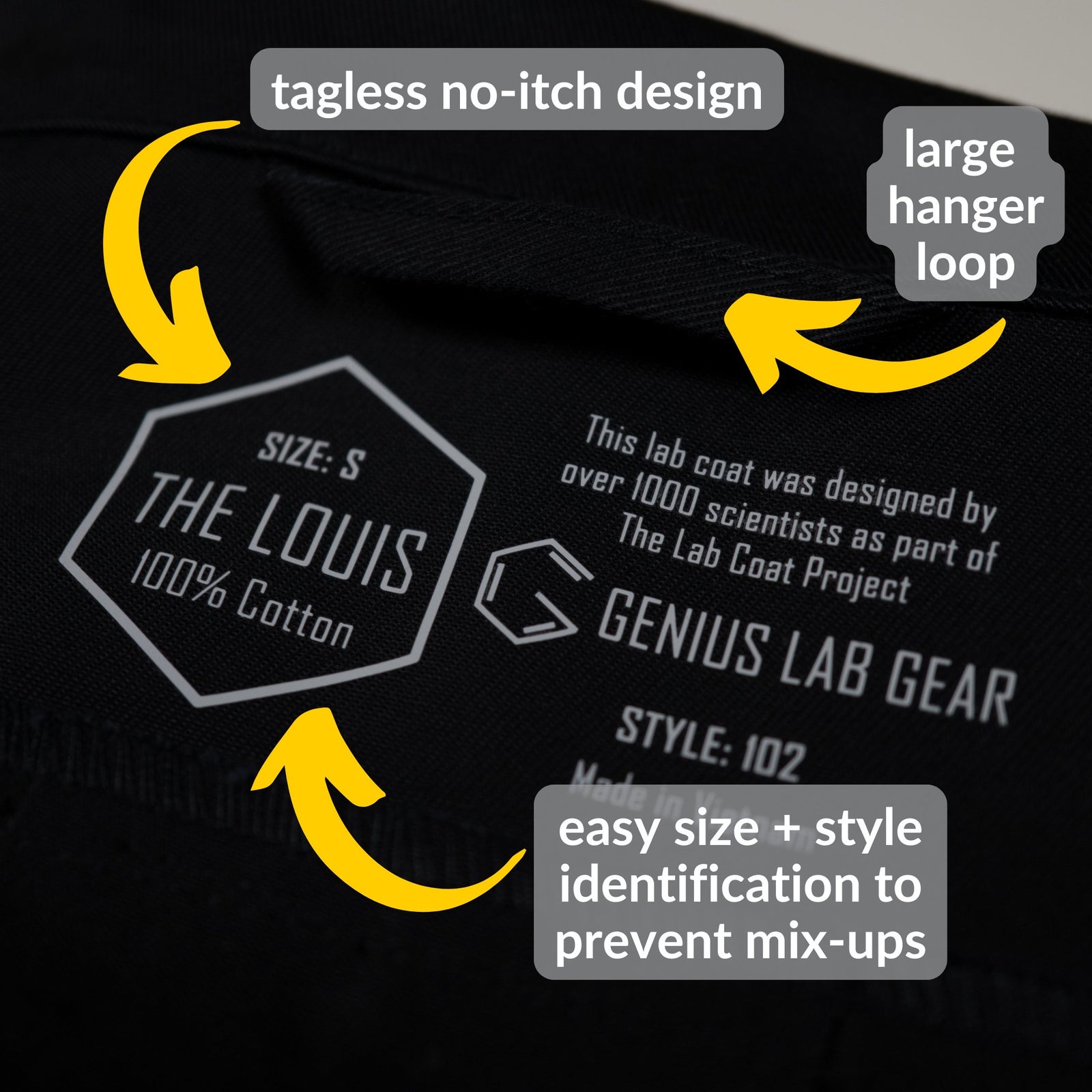 men's small 100% cotton louis lab coat in black color from the lab coat project. Howie collar close-up showing tagless neck design and genius lab gear logo