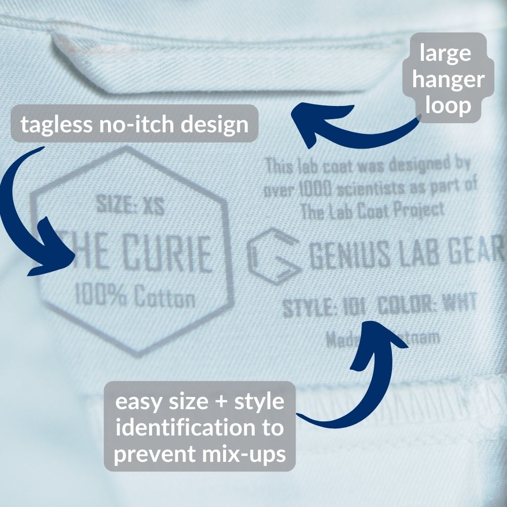 "Curie" women's tagless chemistry lab coat with hanger loop