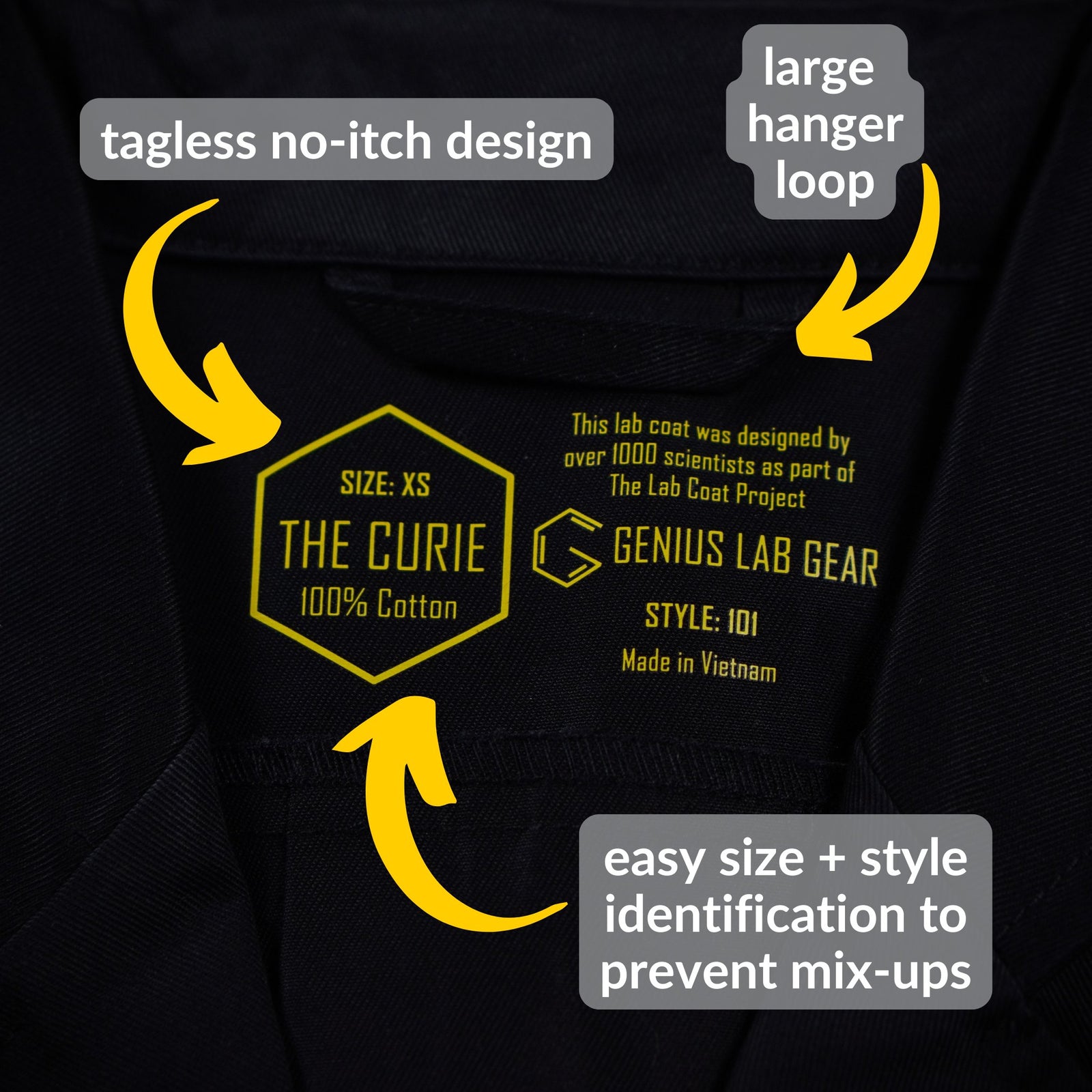 curie extra small 100% cotton black lab coat designed for scientists by genius lab gear, showing tagless soft lapel collar from The Lab Coat Project