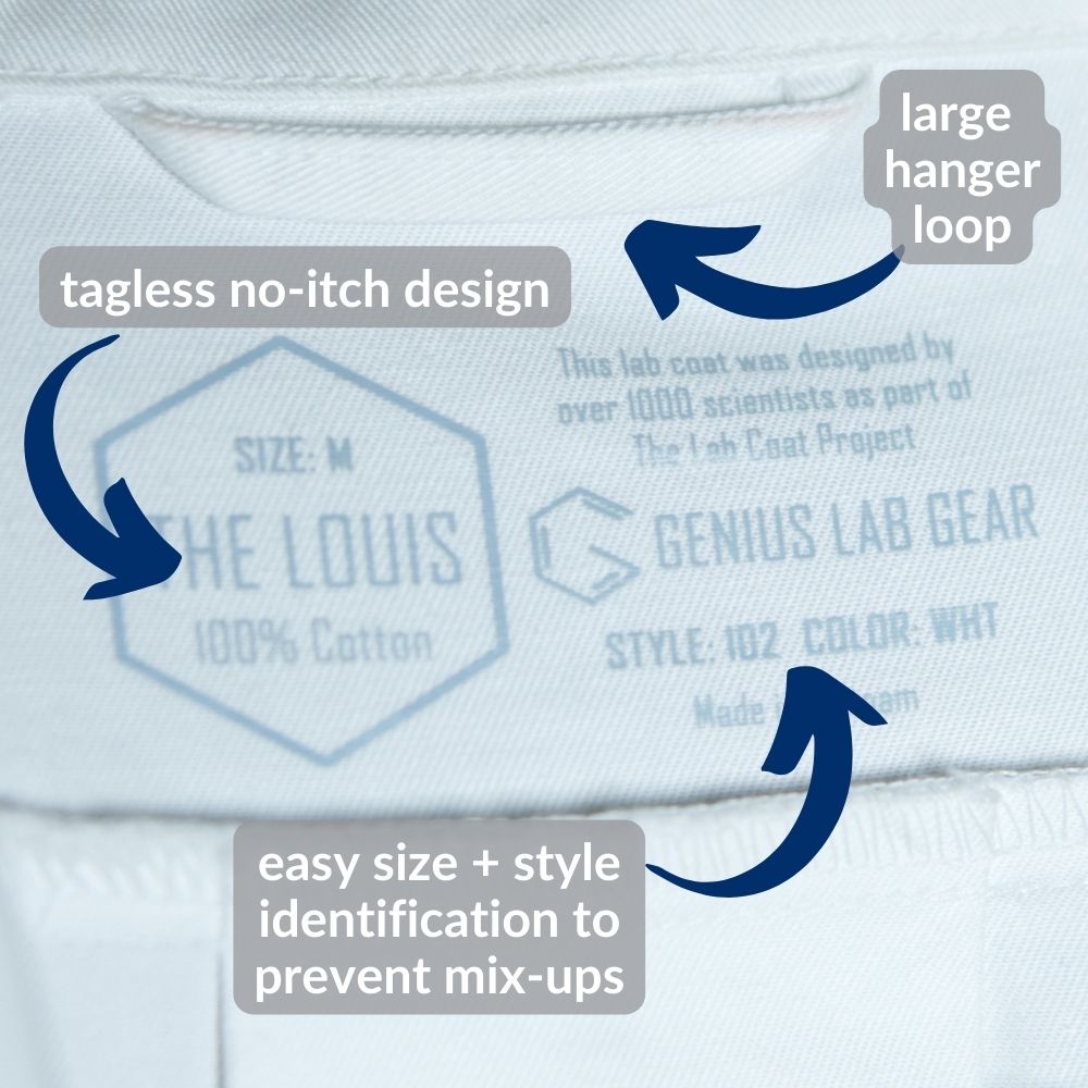 "Louis" men's tagless chemistry lab coat with hanger loop