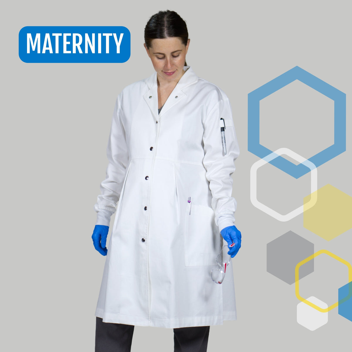 The Alma white cotton maternity lab coat for pregnant women in science research