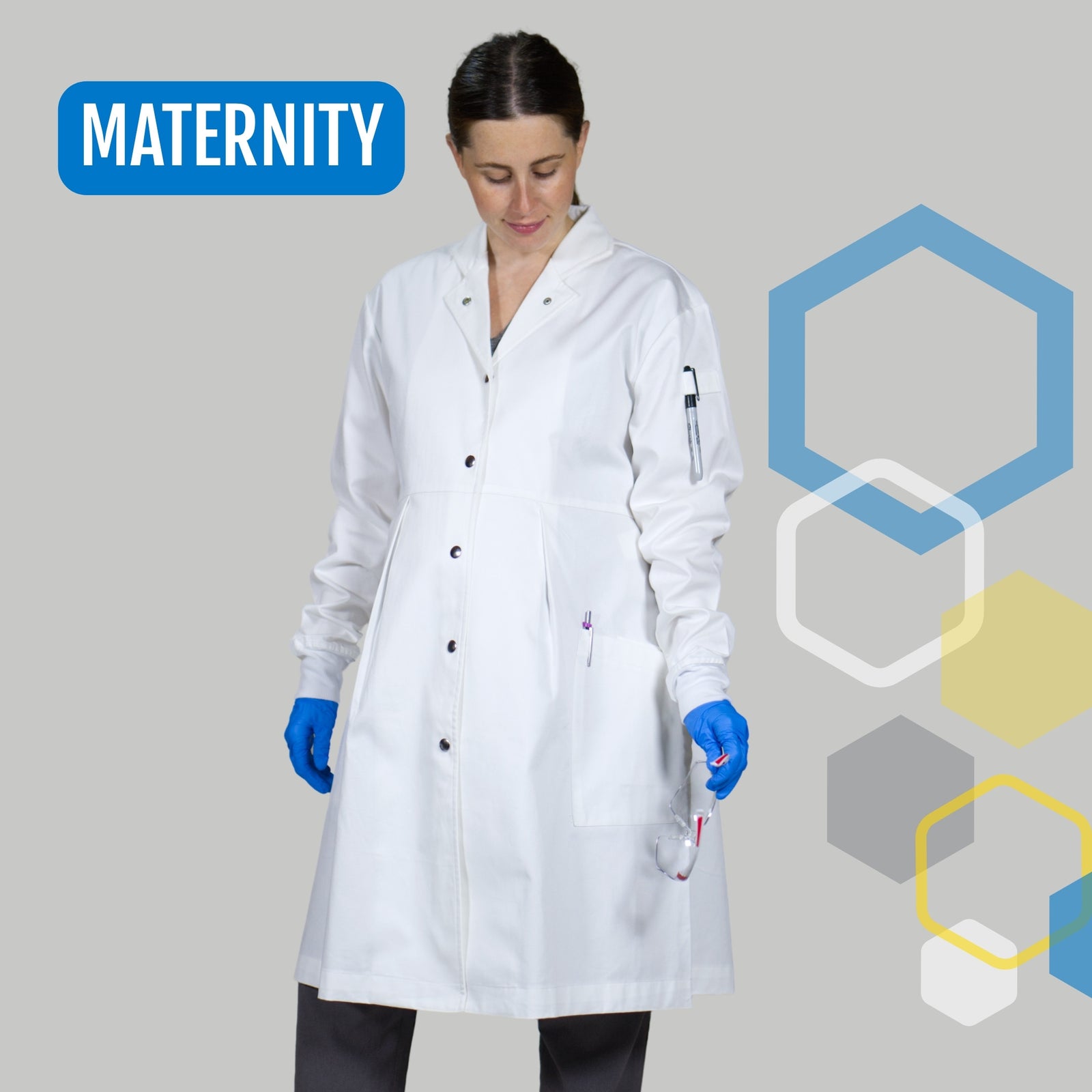 The Alma white cotton maternity lab coat for pregnant women in science research
