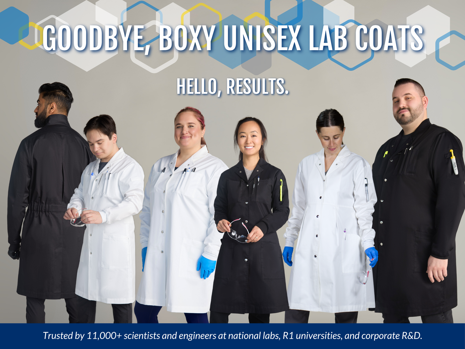 Scientists in cotton white and black lab coats from the Lab Coat Project