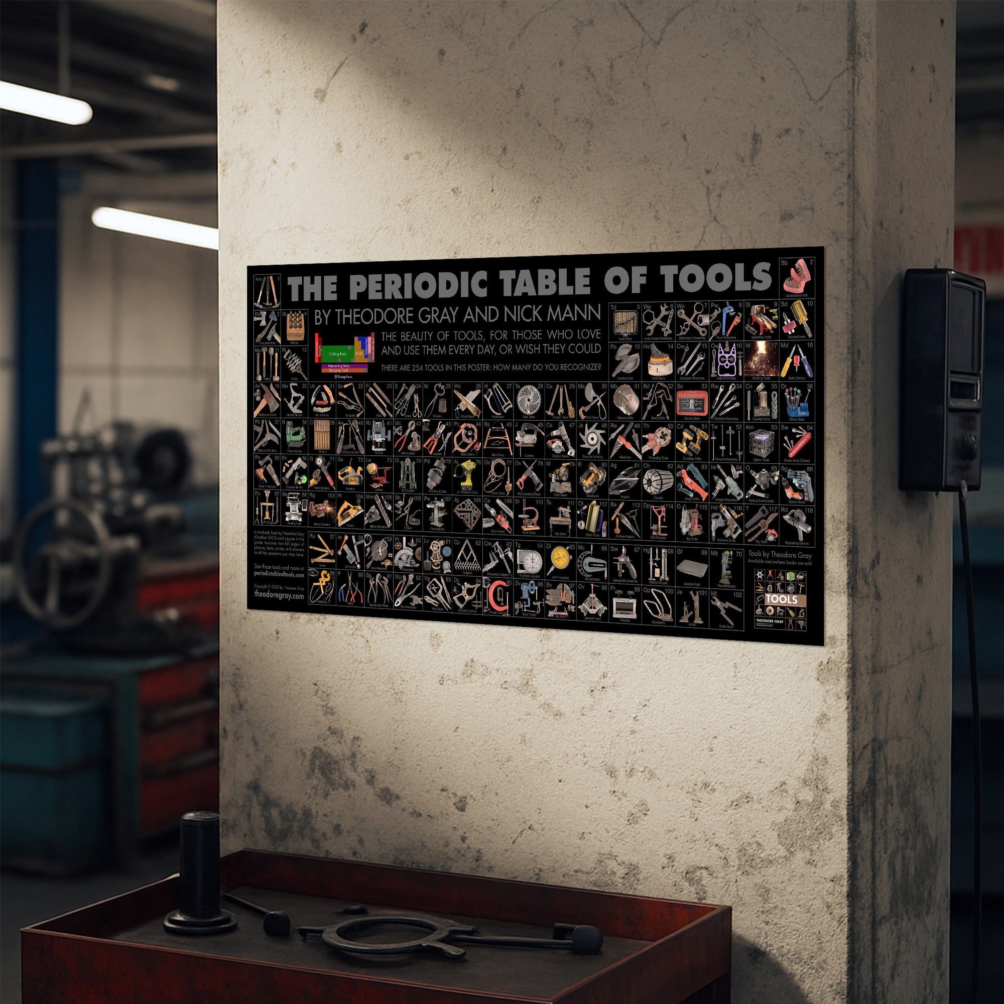 a large wall poster of vintage and modern tools arranged in the shape of a periodic table. Rich photography of tools by author Theodore Gray. Poster includes images of drills, welding, wrenches, saws, masonry, and antiques.