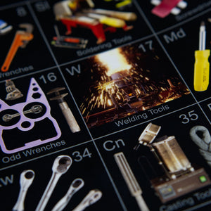 close-up of the periodic table of tools psoter for mechanics and engineers, showing pipe wrenches, soldering tools, wrenches and welding tools, by Theo Gray