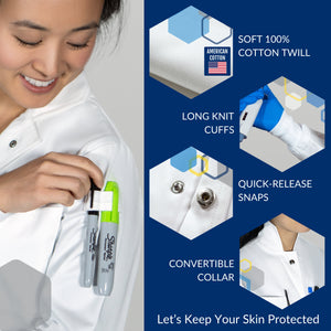 white-cotton-lab-coat-women-extra-pockets-princess-cut-belt-women-womens-lab-cotton-100%-pure-thick-laboratory-chemistry-chemist-scientist-chem-orgo-organic-engineer-chemical-pure-american-labcoats-dentist-painter-butcher-food-safety-class-college-laboratory-laboratorio-howie-unisex-fitted-long-cuff-knit-snap-button