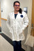 womens 2xl cotton lab coat for chemistry professor standing in hallway