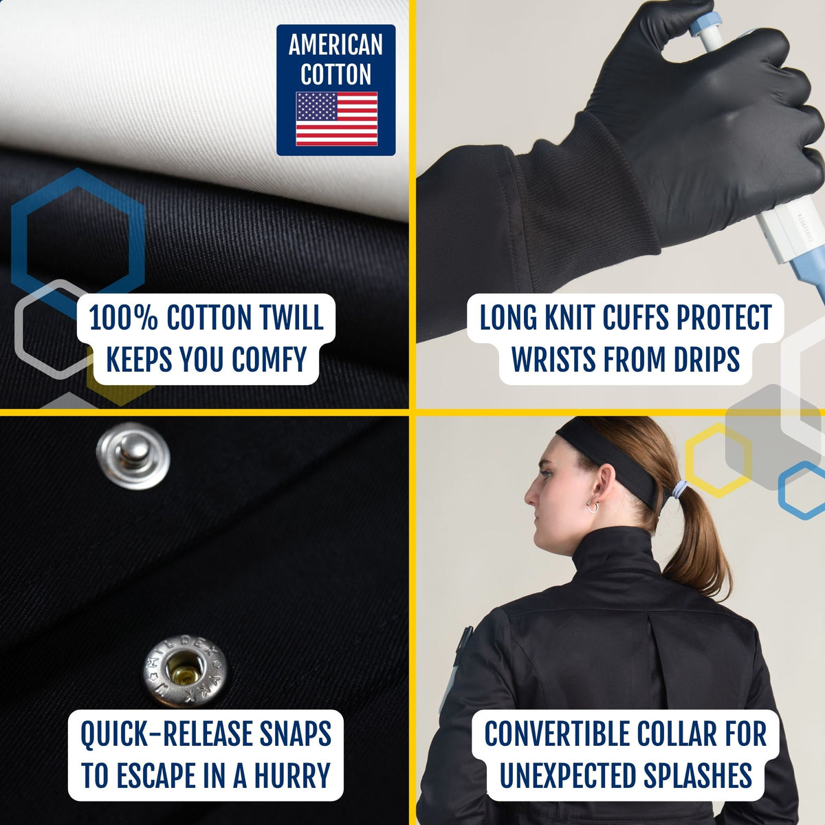 The Curie women's black lab coat in 100% cotton with knit cuffs, quick-release snaps, and a convertible collar
