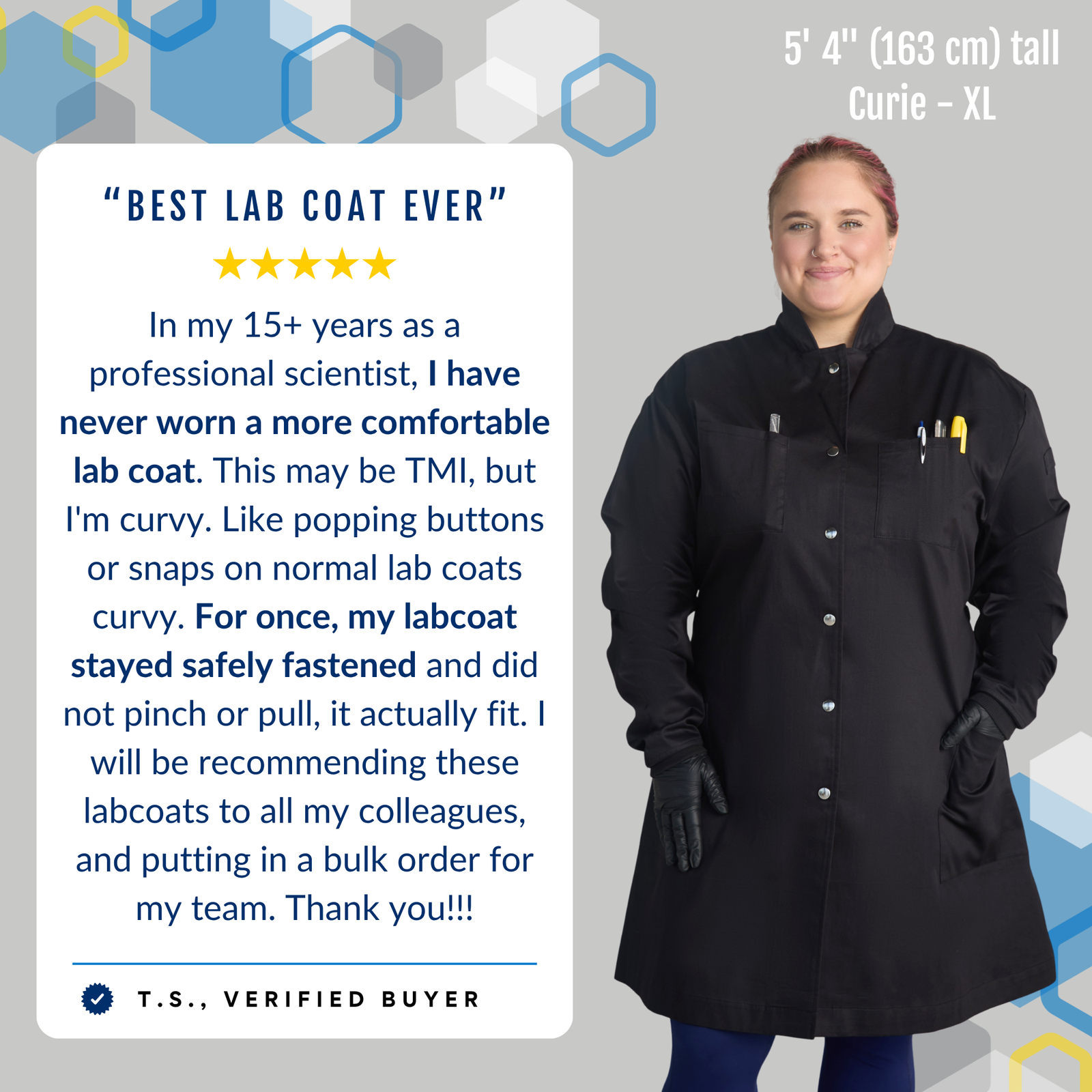 Female engineer wearing a small black 100 percent cotton scientist lab coat wearing black gloves using pockets and