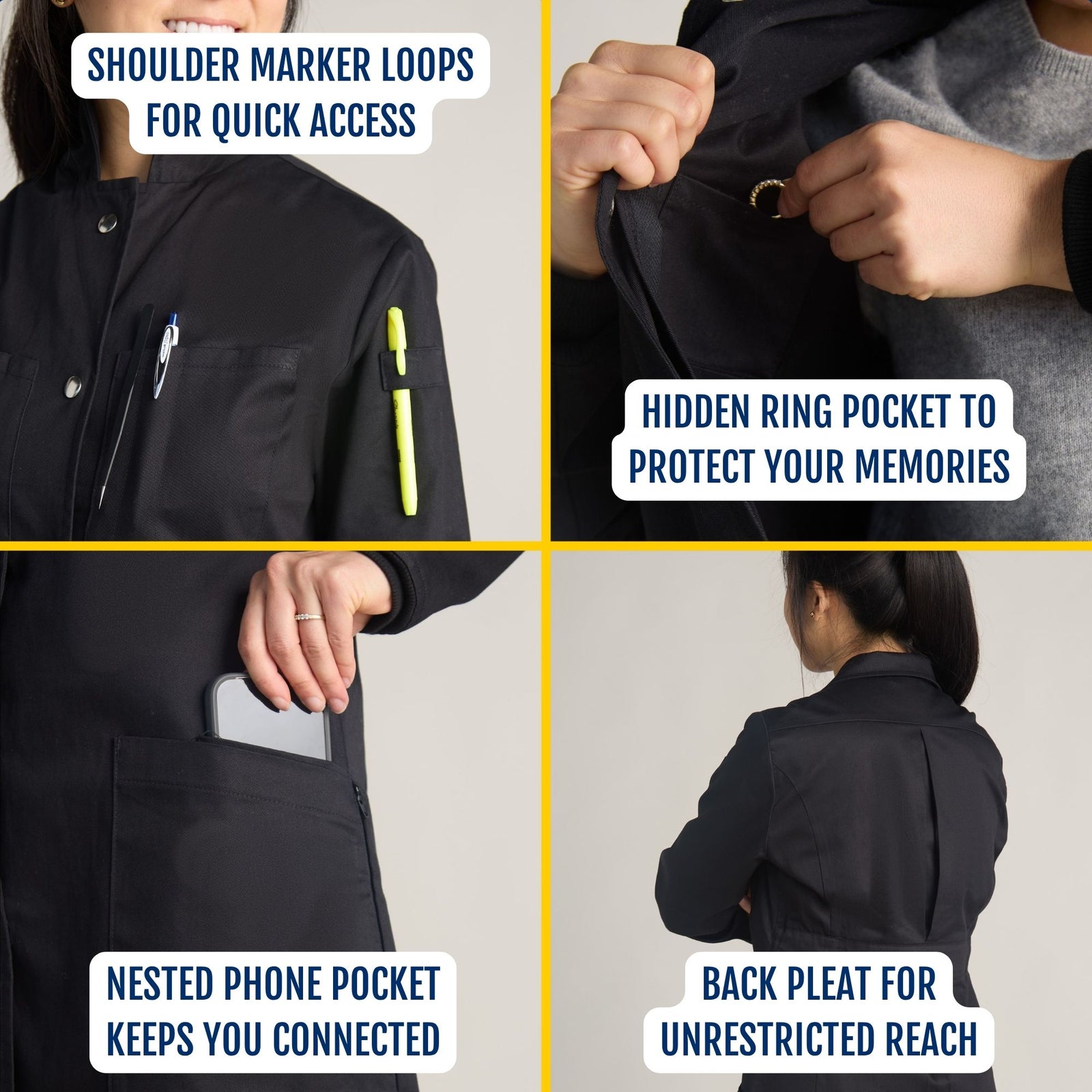 Female engineer wearing a small black 100 percent cotton scientist lab coat wearing black gloves using pockets and