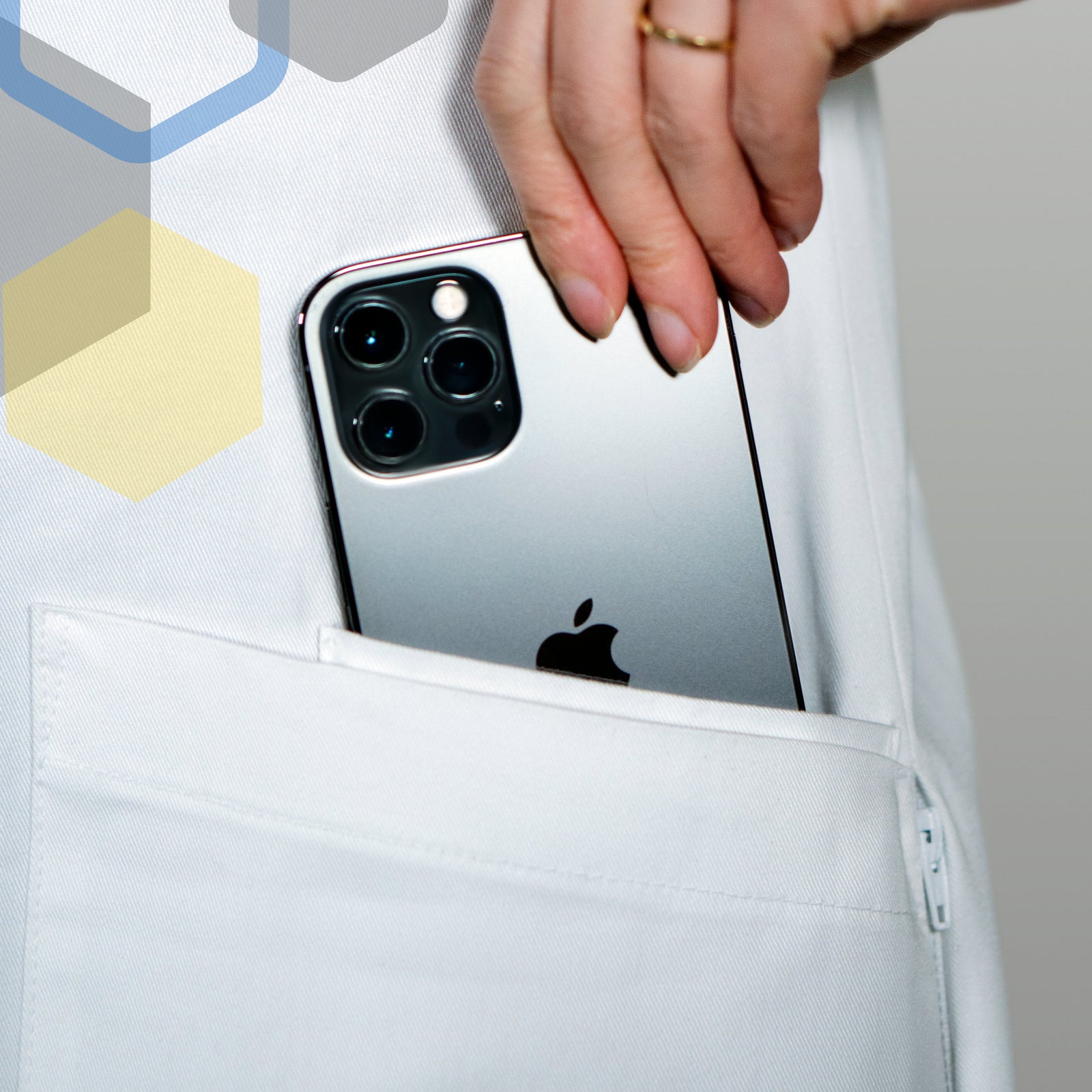 Extra phone pocket on outer front of maternity lab coat for iphone storage
