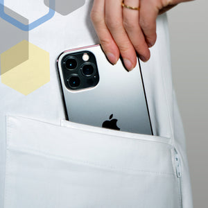 extra phone pocket on outer front of maternity lab coat for iphone storage
