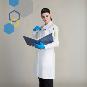 professional small scientist lab coat in white 100 percent cotton with tool slots and tapered sleeves by genius lab gear

