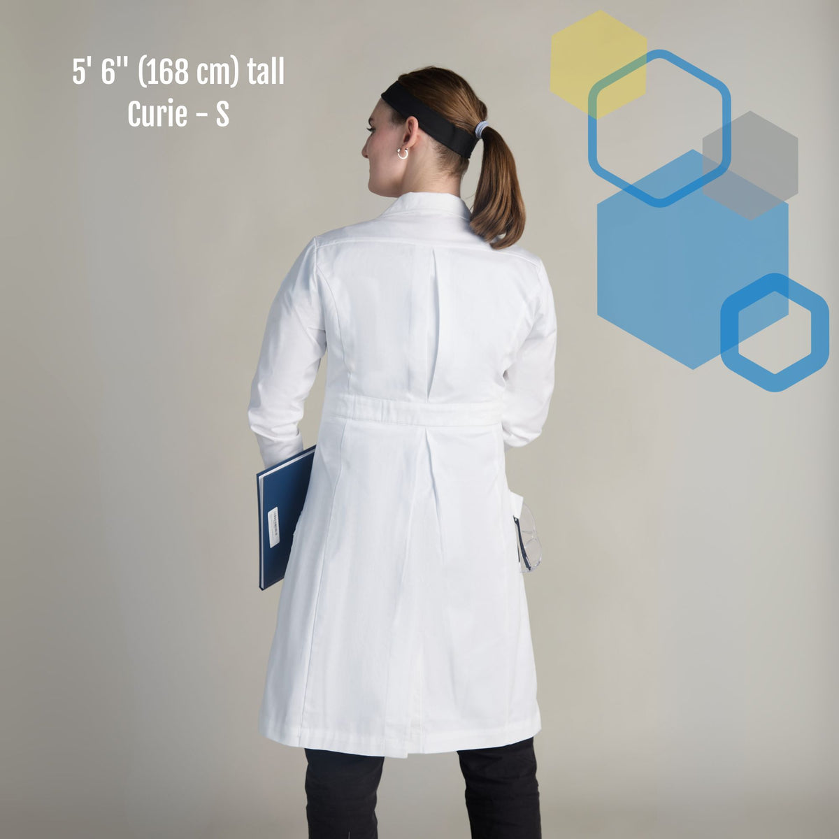 women's small tailored lab coat with adjustable belt for scientific research in chemistry and biology