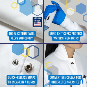 The Curie women's white lab coat: 100% American cotton twill, long knit cuffs that protect wrists from drips, quick-release snaps to escape in a hurry, and a convertible collar for unexpected splashes.