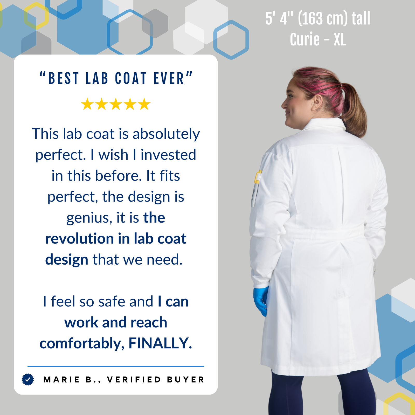 "Curie" women's chemistry lab coat with features of 100% cotton, cuffed sleeves, metal snaps, high collar, water resistant
