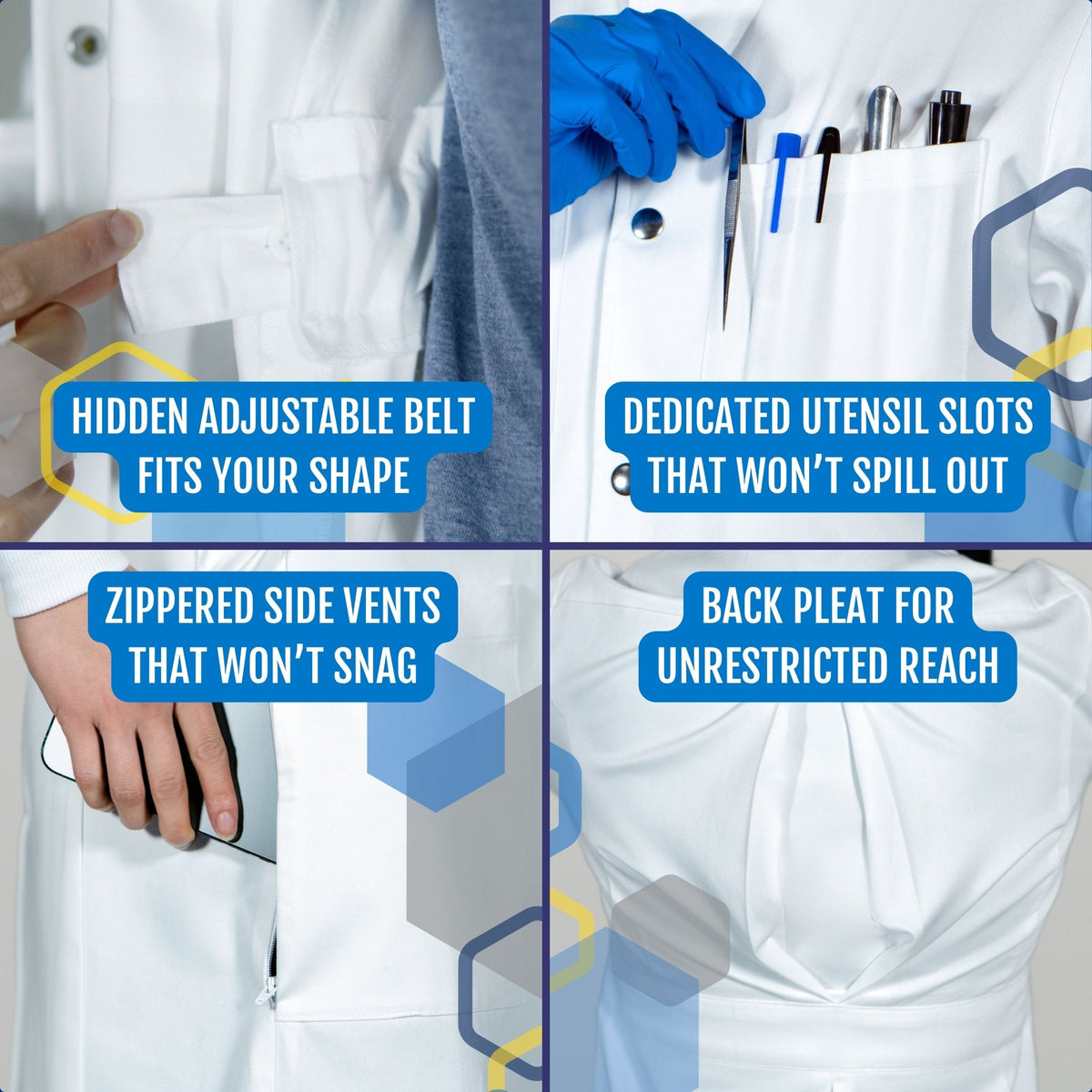 The Curie women's white cotton lab coat features: hidden adjustable belt that fits your shape, dedicated utensil slots that won't spill, zippered side vents that won't snag, and a back pleat for unrestricted reach.