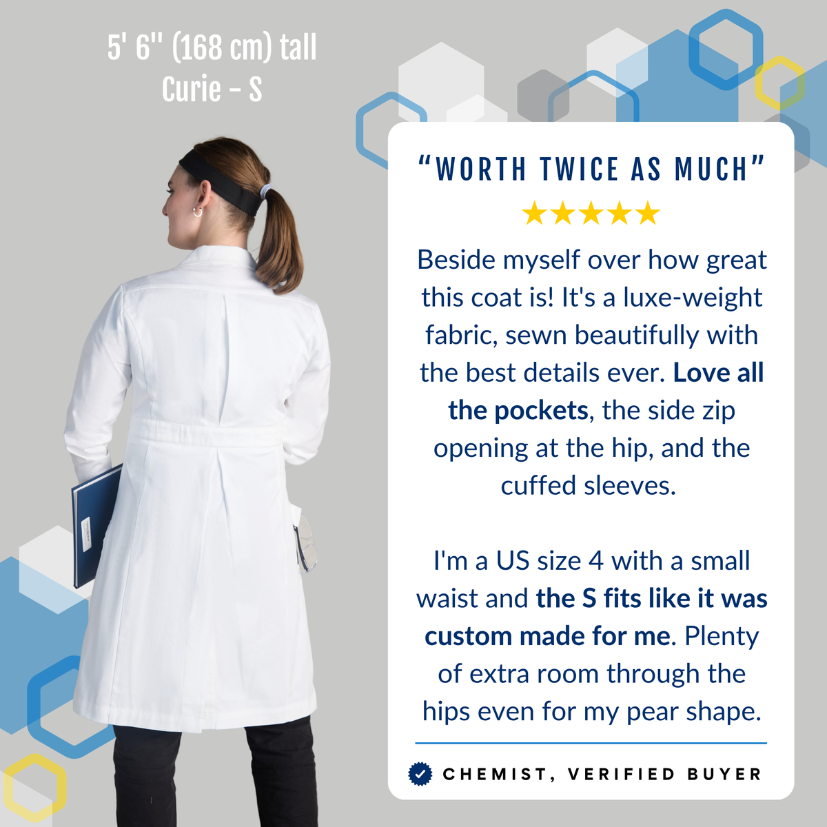 Female chemist (5'6, US size 4 with pear shape) wearing The Curie women's white cotton lab coat in size small, back view showing princess cut and cuffed sleeves. Verified buyer testimonial: luxe-weight fabric with side zip at the hip and cuffed sleeves — the small fits like custom made with plenty of extra room through the hips.