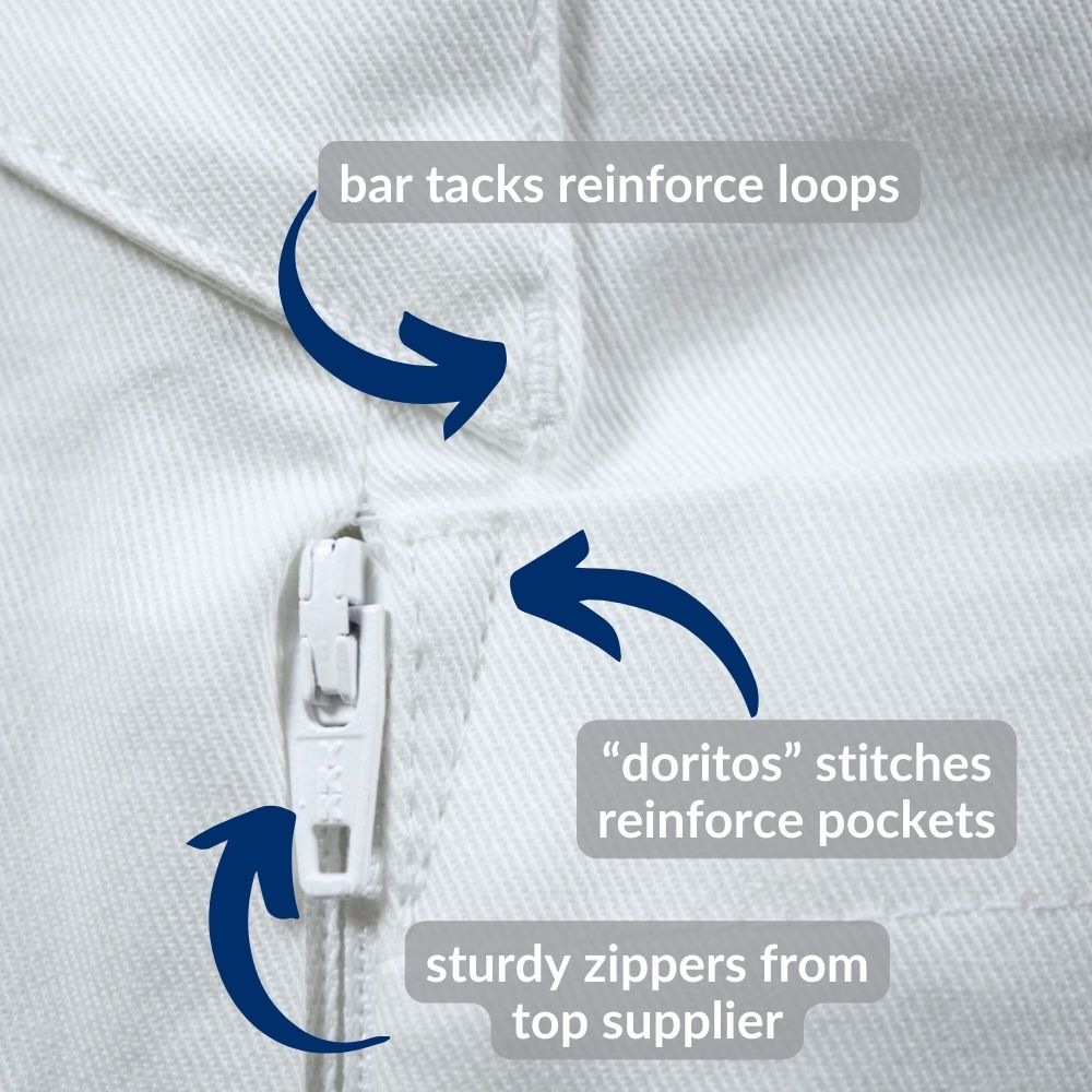 chemistry lab coat with zipper side vent, extra stitching at key stress points and steel pocket zippers