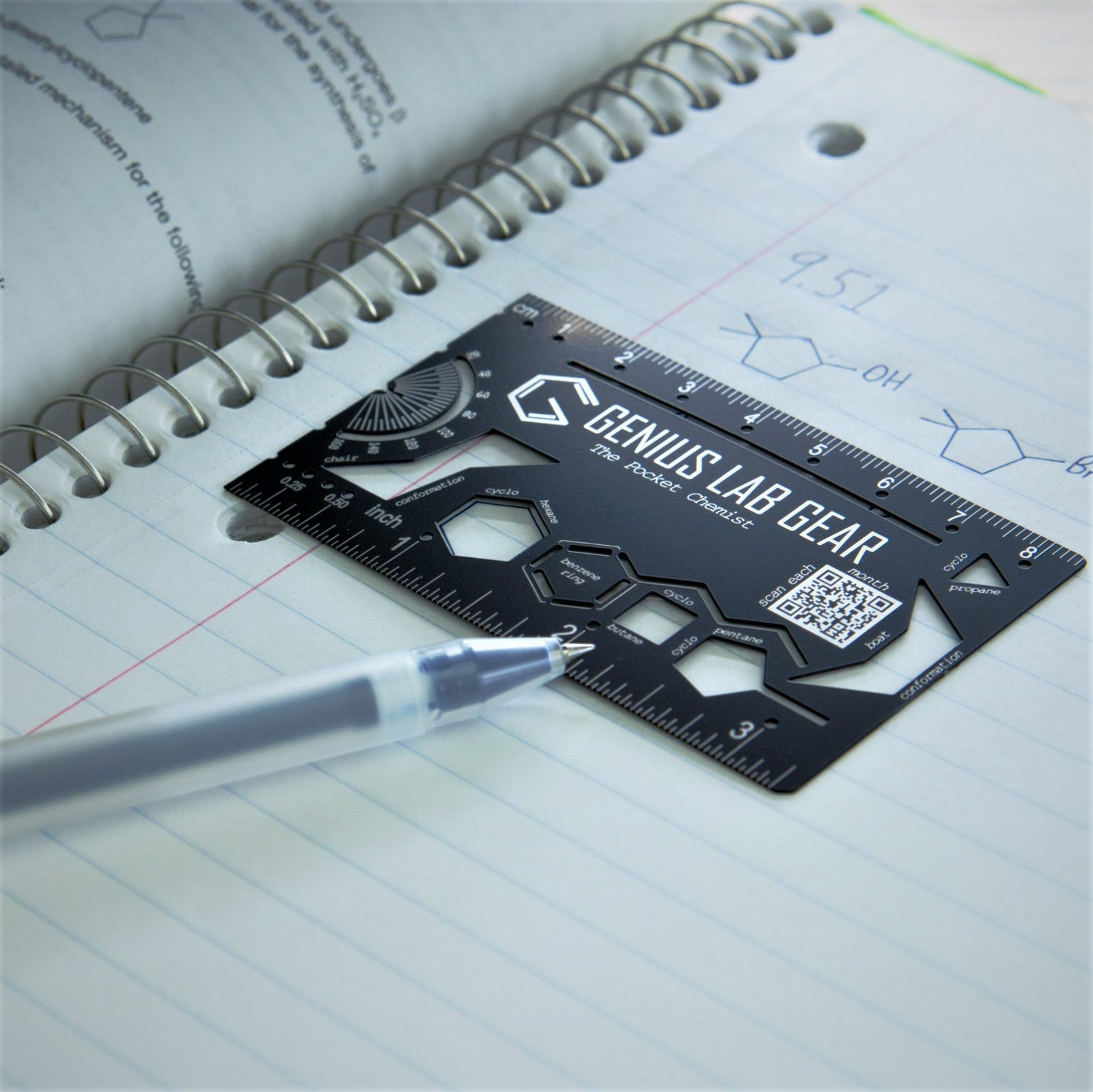 Genius Lab Gear's Pocket Chemist with benzene cyclohexane molecule drawing stencil, gift for scientists