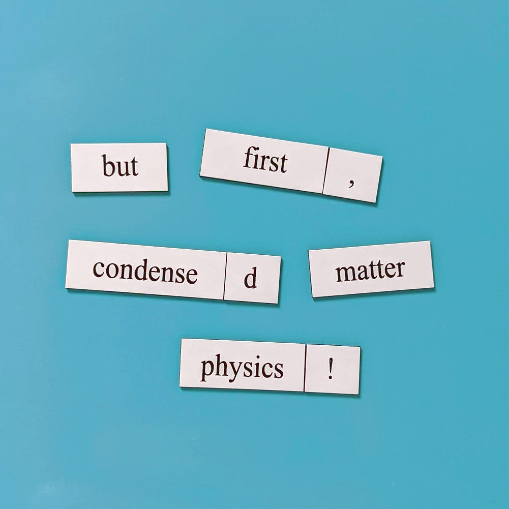 Physics word magnets showing equations and quantum mechanics vocabulary tiles, gift for scientists