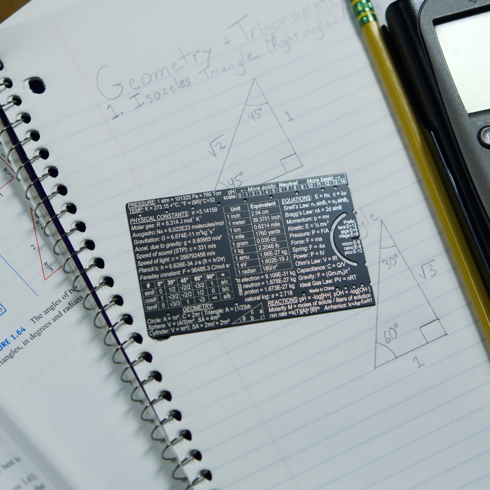 Genius Lab Gear's pocket science with trigonometry class reference table, area and volume, gift for scientists